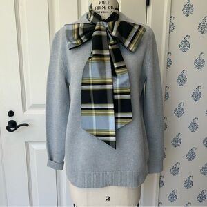 Tory Burch Dickie Tie-Detailed Silk Dupioni-Trimmed Wool Sweater in Iced Size XS